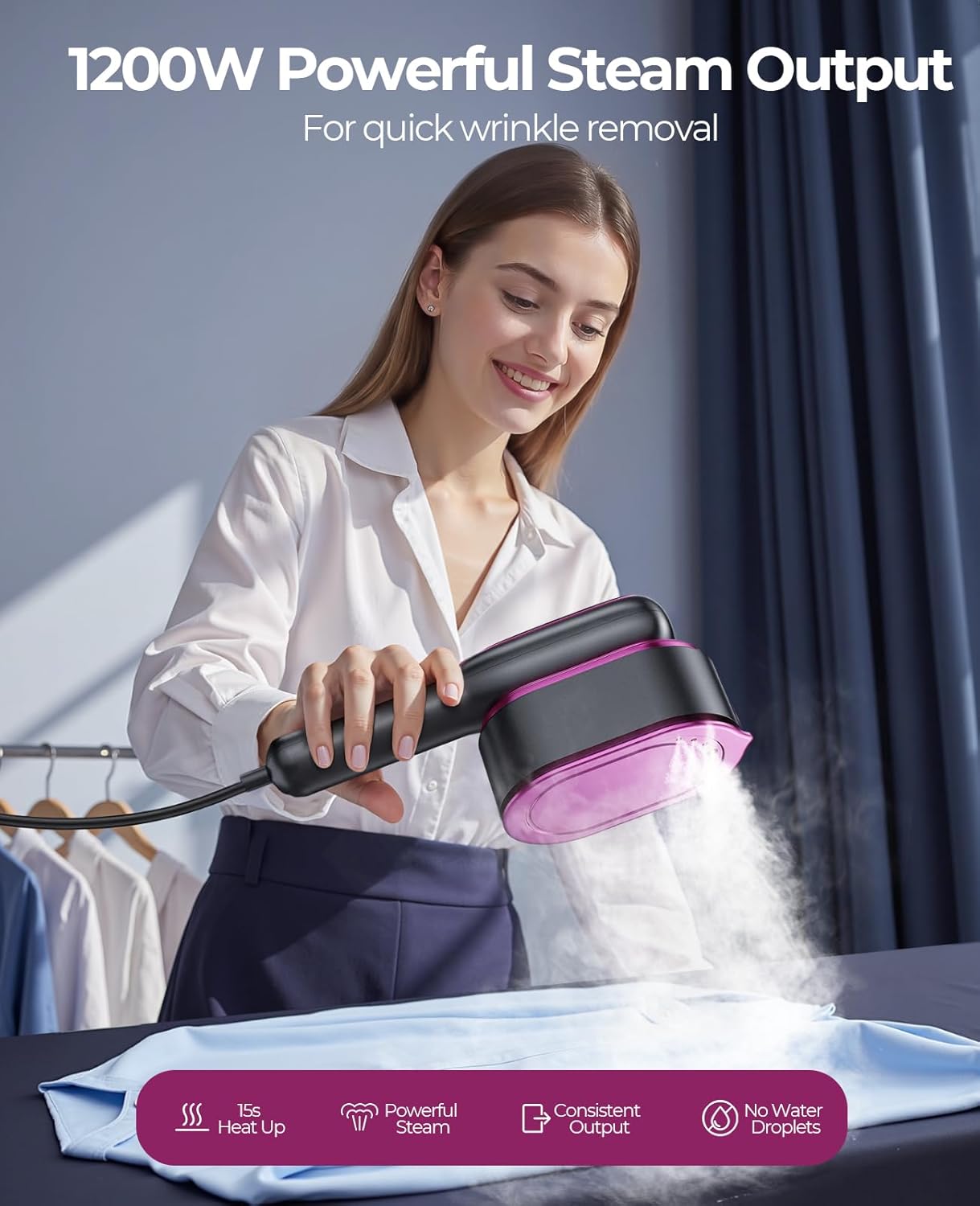 SteamOne Clynea utilisé sur un vêtement avec vapeur visible