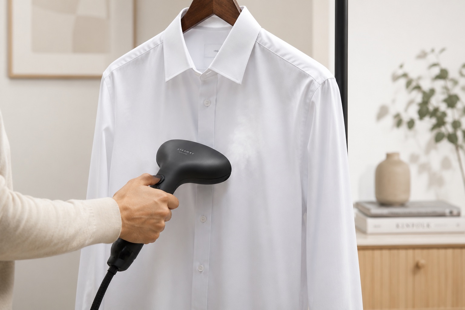 Chemise blanche suspendue sur cintre dans un intérieur lumineux, prête à être défroissée