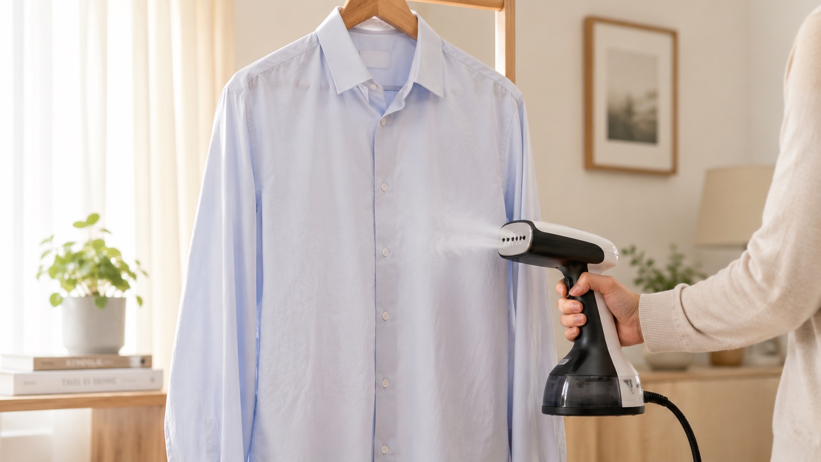 Chemise bleue suspendue sur cintre pendant un défroissage vertical à la vapeur