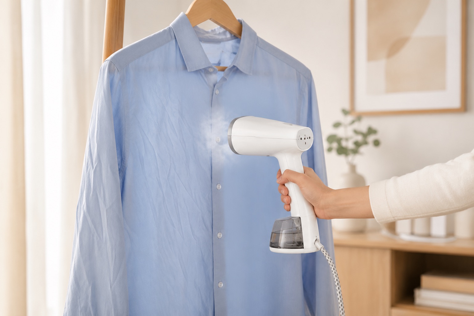 Défroisseur vapeur utilisé verticalement sur une chemise suspendue dans un intérieur clair