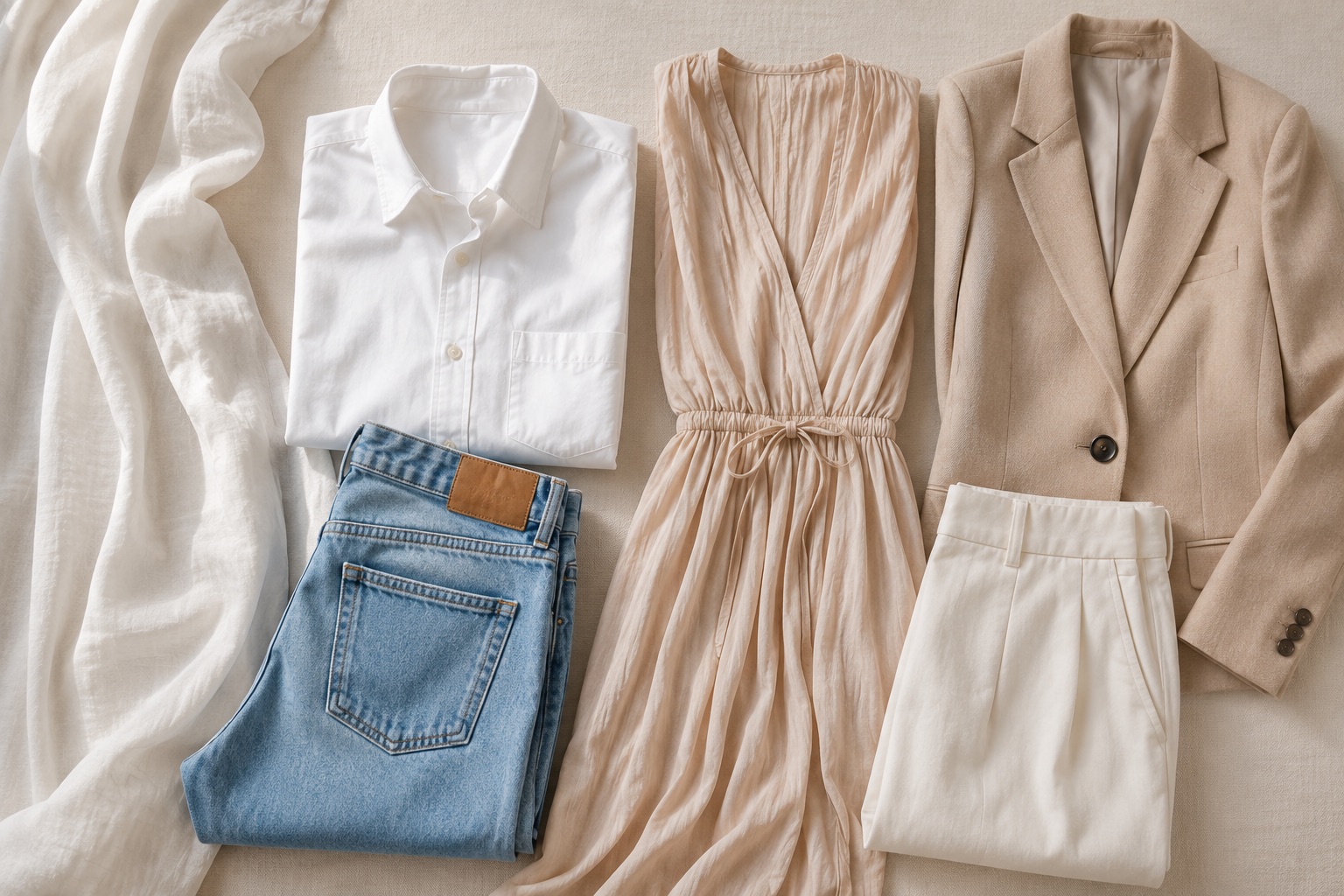 Différents vêtements et textiles adaptés au défroissage vapeur : chemise, jean, robe, veste, rideau et pantalon