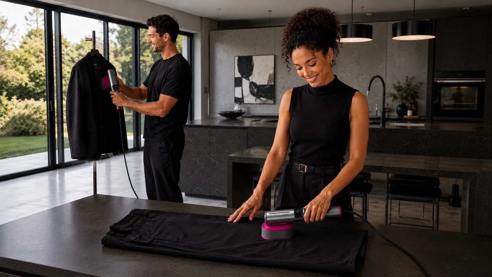 Couple utilisant le défroisseur vapeur Clynea SteamOne au quotidien